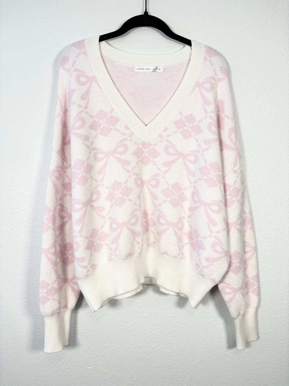 Altar'd State Coquette Girly Pastel Pink Plaid Bow V Neck Relaxed Fit Sweater